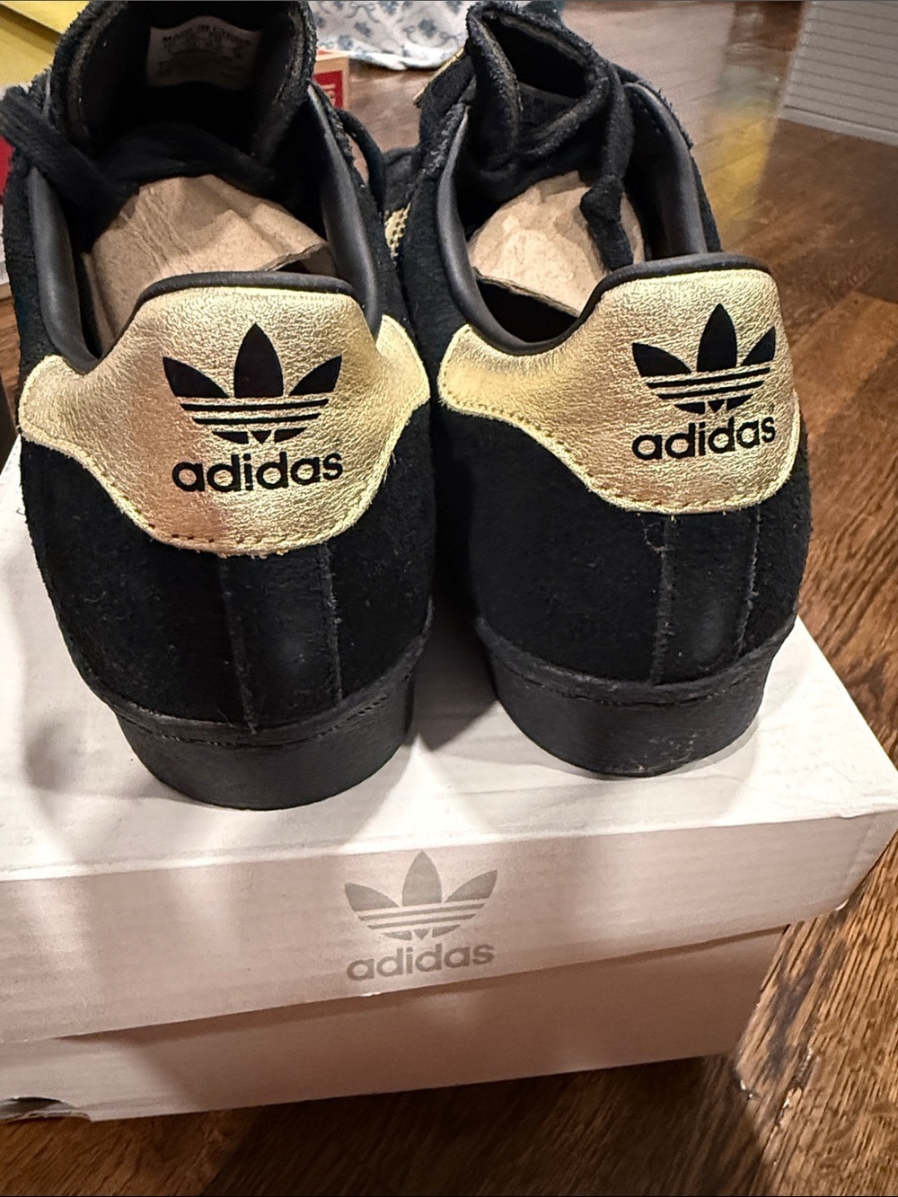 adidas Black Suede Superstar Sneakers with Gold Stripes - Picture 4 of 5